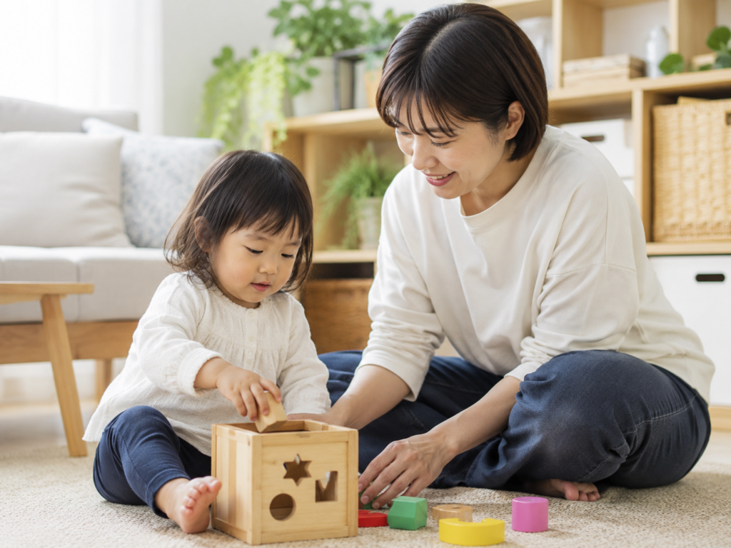 親子が一緒に知育玩具で遊んでいる様子のイメージ写真