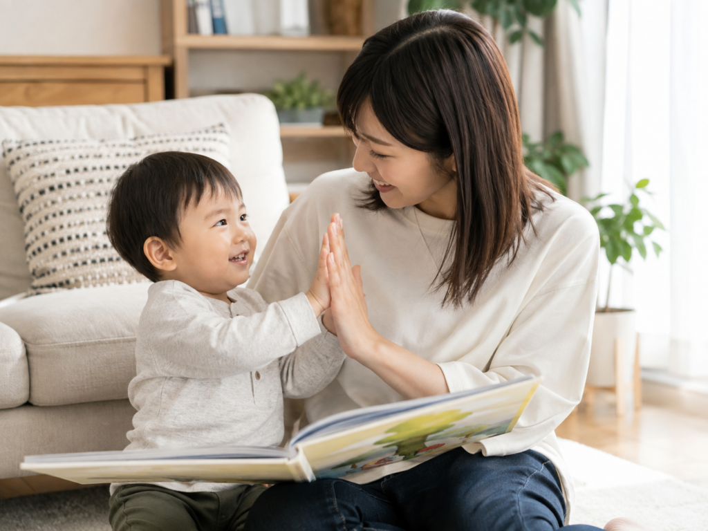 親子が絵本を読んでいる様子や手遊びをしている様子の写真