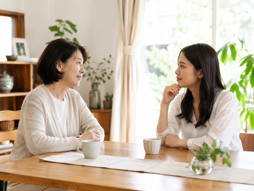 親子で穏やかに話し合っているシーン。テーブルを挟んで向かい合う母娘のイメージ