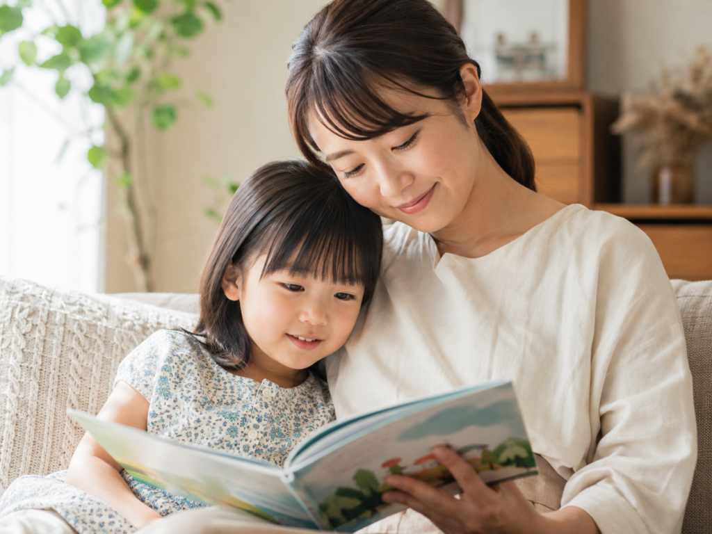 親子で絵本を読んでいる温かい場面の写真（上の子への心理ケアのイメージ）