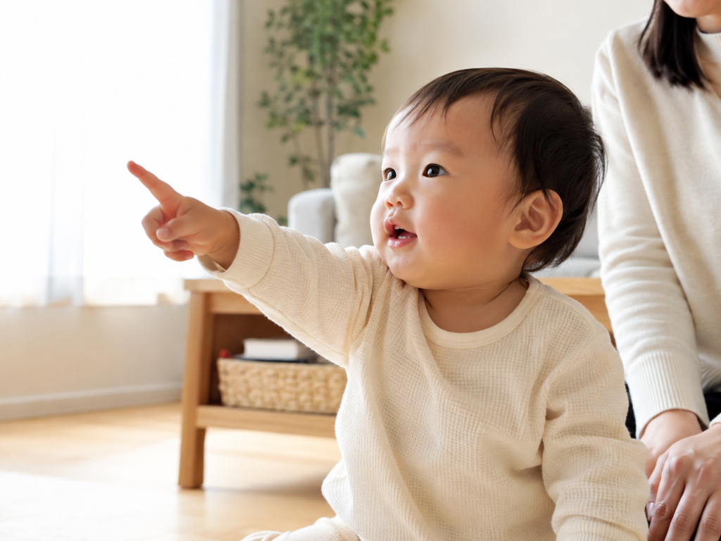 赤ちゃんが何かを指差している様子の写真（指差しの観察ポイントのイメージ）