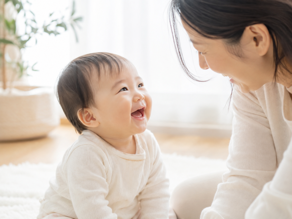赤ちゃんが親と向き合って声を出して笑っている様子の写真