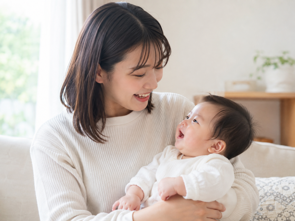 赤ちゃんを抱っこしながら笑顔で話しかけているお母さまの写真