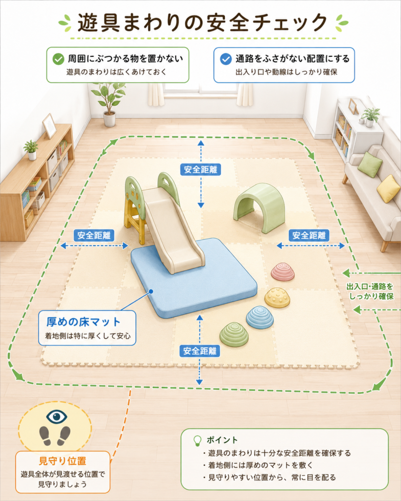 遊具周辺の安全距離・床マット・見守り位置を示すイラスト図。危険な家具登りは描かない