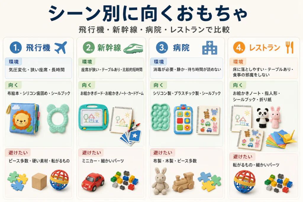 飛行機・新幹線・病院・レストランの環境制約と向くおもちゃタイプを比較した図解