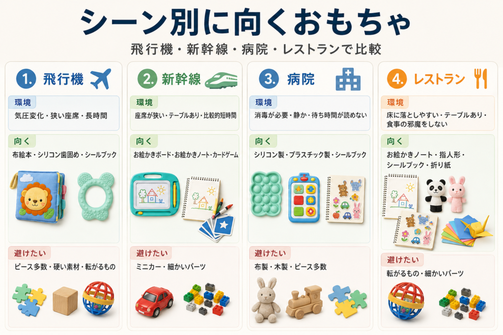 飛行機・新幹線・病院・レストランの環境制約と向くおもちゃタイプを比較した図解