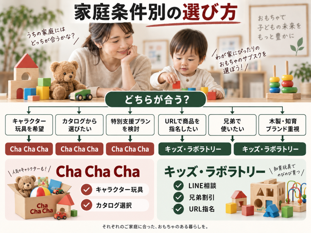Cha Cha Chaとキッズ・ラボラトリーの選び方を家庭条件別に示したフロー図