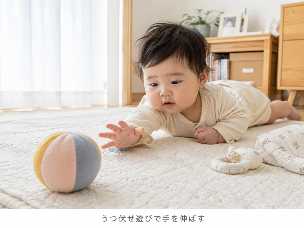 うつ伏せ遊び中に赤ちゃんが布製ボールに手を伸ばしている様子のイメージ写真