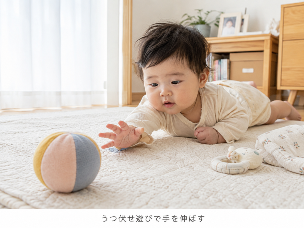 うつ伏せ遊び中に赤ちゃんが布製ボールに手を伸ばしている様子のイメージ写真