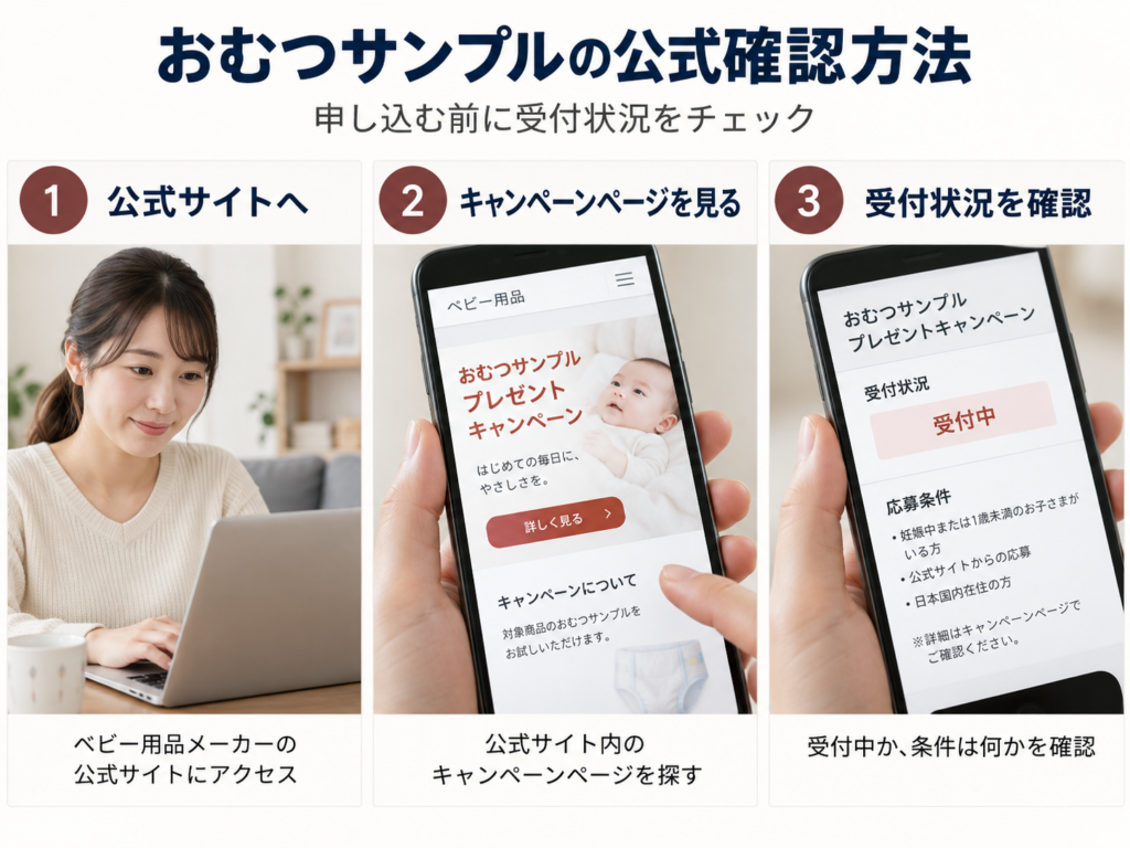 おむつサンプルの公式確認方法を示す手順イメージ（公式サイト→キャンペーンページ→受付状況の確認）