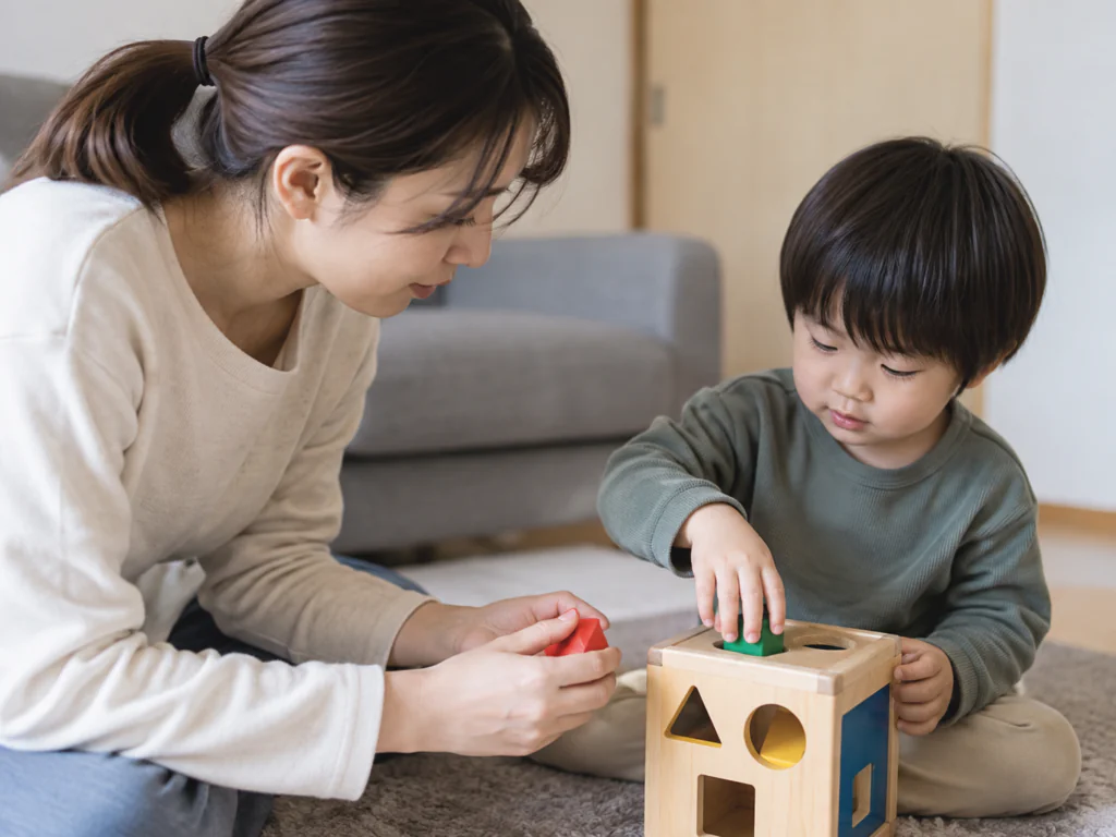 おもちゃを前に親子が一緒に遊んでいる様子（関わり方の大切さを示す場面）