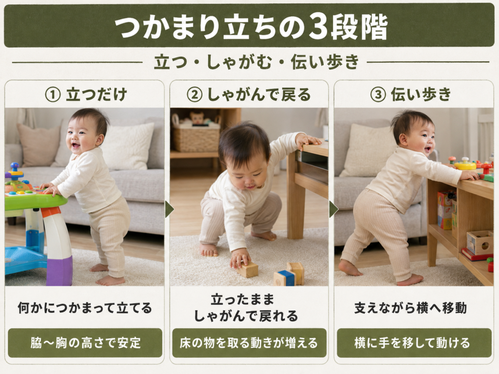 つかまり立ちの3段階（立つ・しゃがむ・伝い歩き）を並べたイラスト