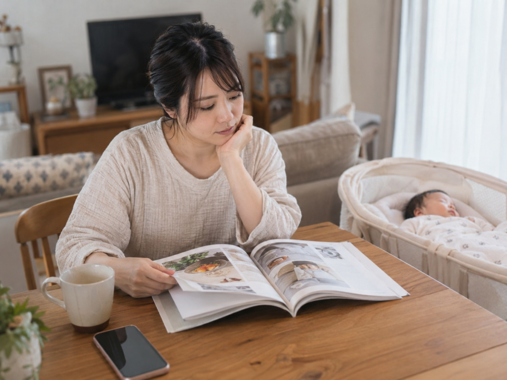カタログギフトを受け取った産後の母親が選ぶ場面のイメージ
