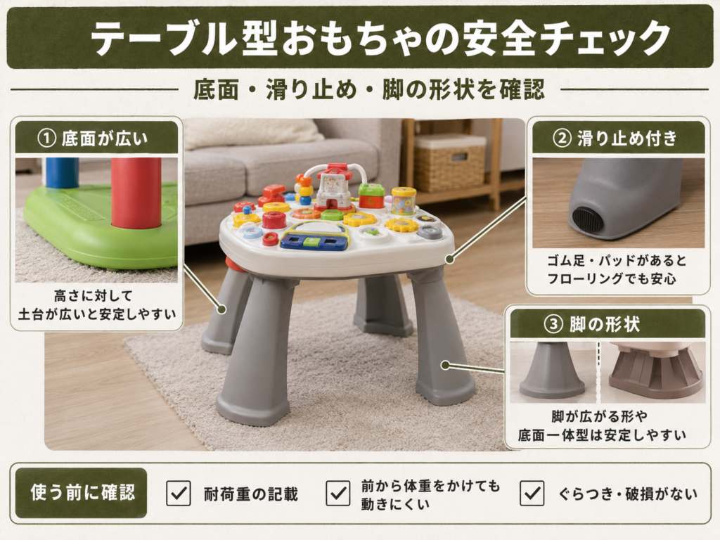 テーブル型おもちゃの底面・滑り止め・脚の形状を示した安全チェックポイントのイラスト