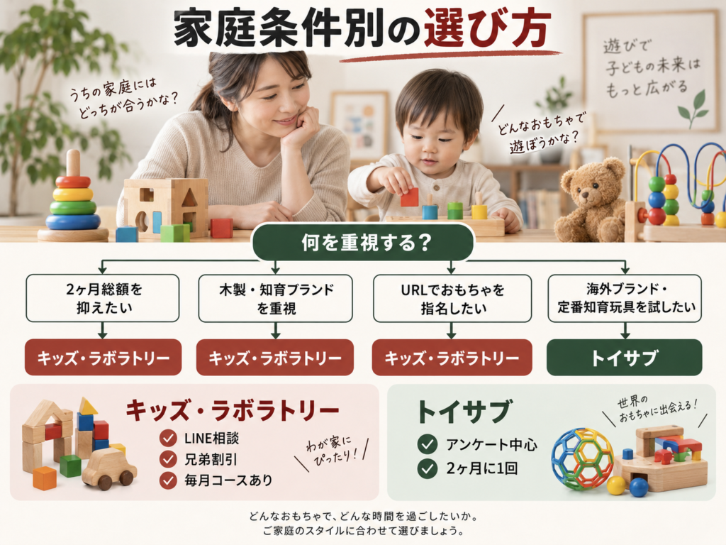 トイサブとキッズ・ラボラトリーの選び方を家庭条件別に示した比較フロー図