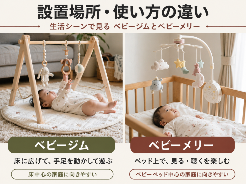 ベビージムとベビーメリーの設置場所・使い方の違いを示す生活シーンのイメージ図