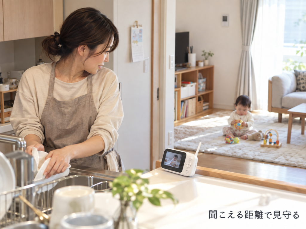 ベビーモニターを使いながら家事をする保護者と一人遊びする赤ちゃんのイメージ