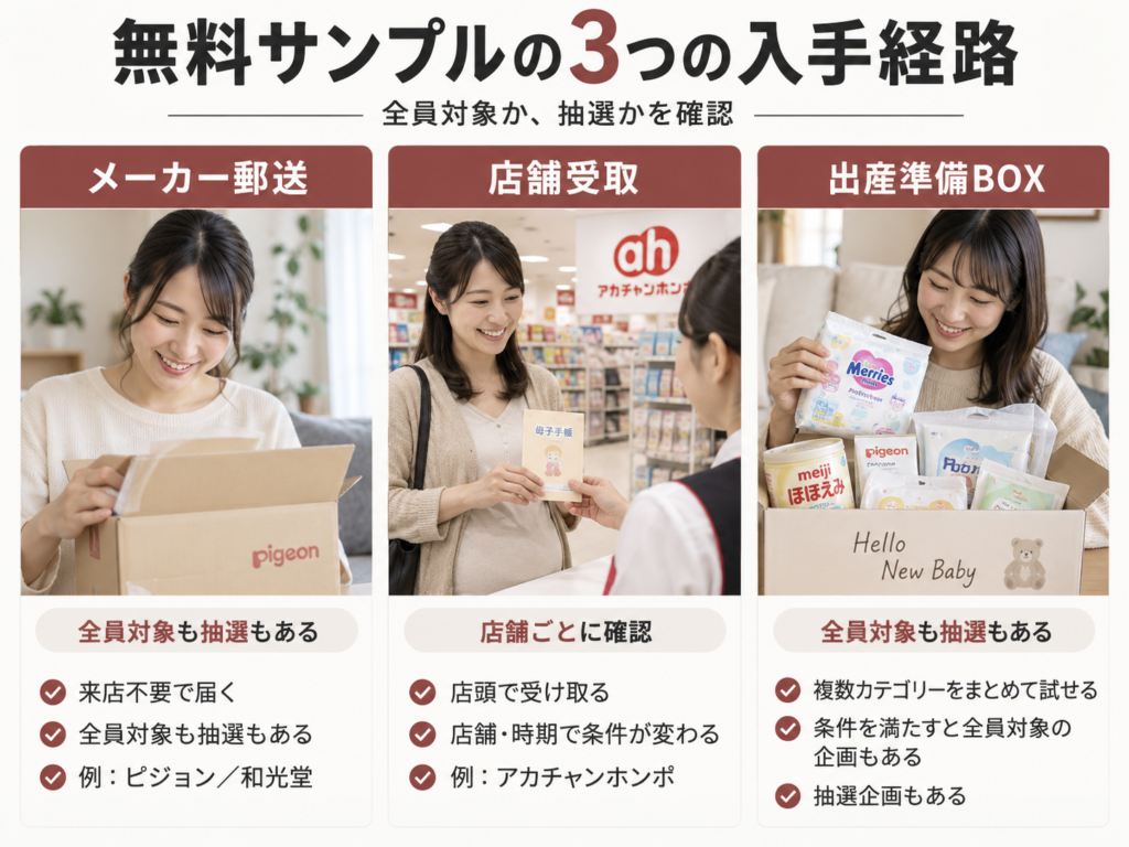 メーカー郵送・店舗受取・出産準備BOXの3経路と全員対象・抽選を交差させた図解