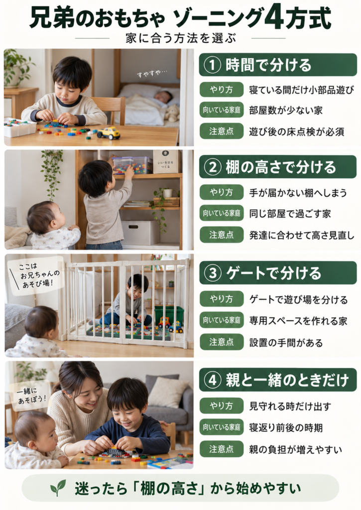 兄弟のおもちゃゾーニング4方式（時間・棚・ゲート・親とだけ）を比較した縦型図
