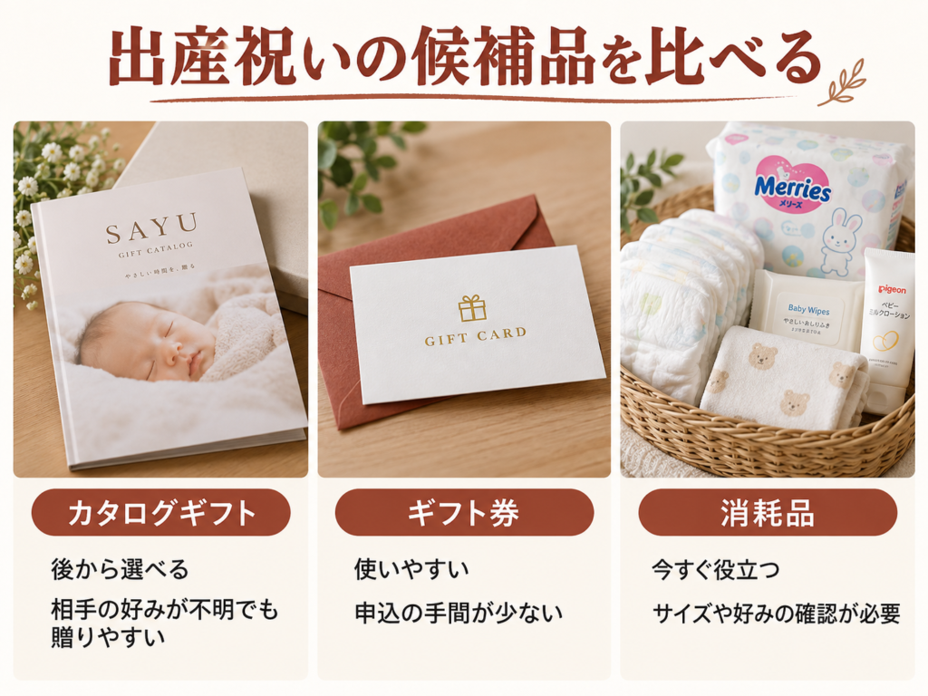 出産祝いの候補品（カタログ・ギフト券・消耗品）を並べた比較イメージ
