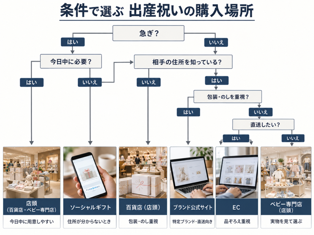 出産祝いの購入場所を条件で選ぶ判断フロー（急ぎ・住所・包装・直送の順に分岐する図）