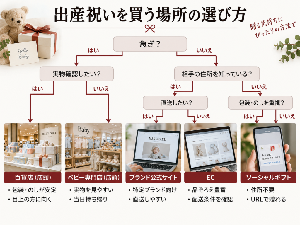 出産祝いを買う場所の選び方フロー図（急ぎ・実物確認・住所・包装・直送の5条件から購入経路を選ぶ）