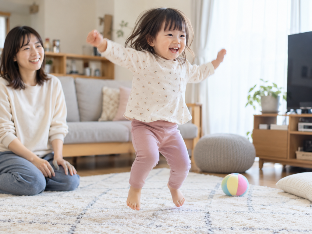 室内で体を動かす2歳の遊び場面（ジャンプやダンスなど）
