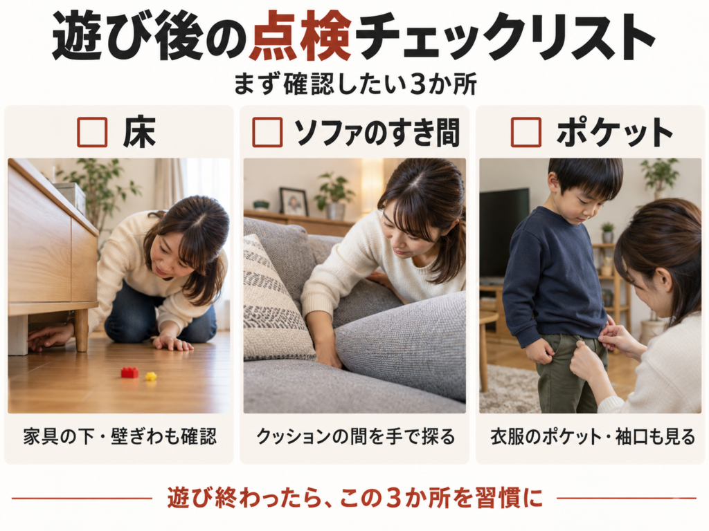床・ソファ・衣服ポケットの点検箇所を示したチェックリスト図