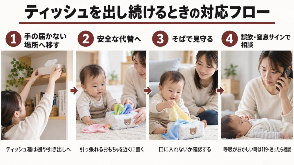 手の届かない場所へ移す→安全な代替へ→見守る→誤飲・窒息サインで相談の4ステップフロー図