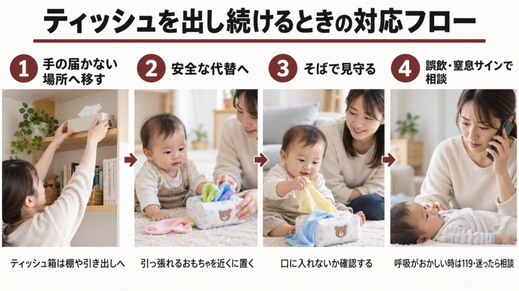 手の届かない場所へ移す→安全な代替へ→見守る→誤飲・窒息サインで相談の4ステップフロー図