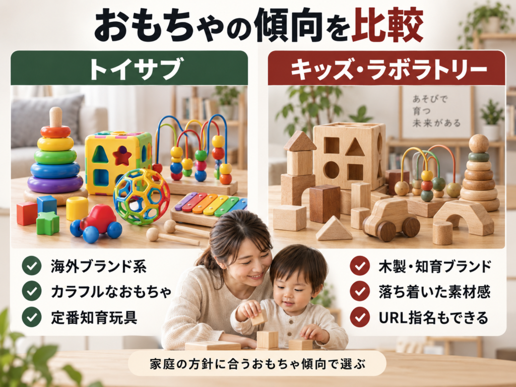 木製知育おもちゃとカラフルな知育玩具を並べた、2社のおもちゃ傾向の違いを示す比較イメージ