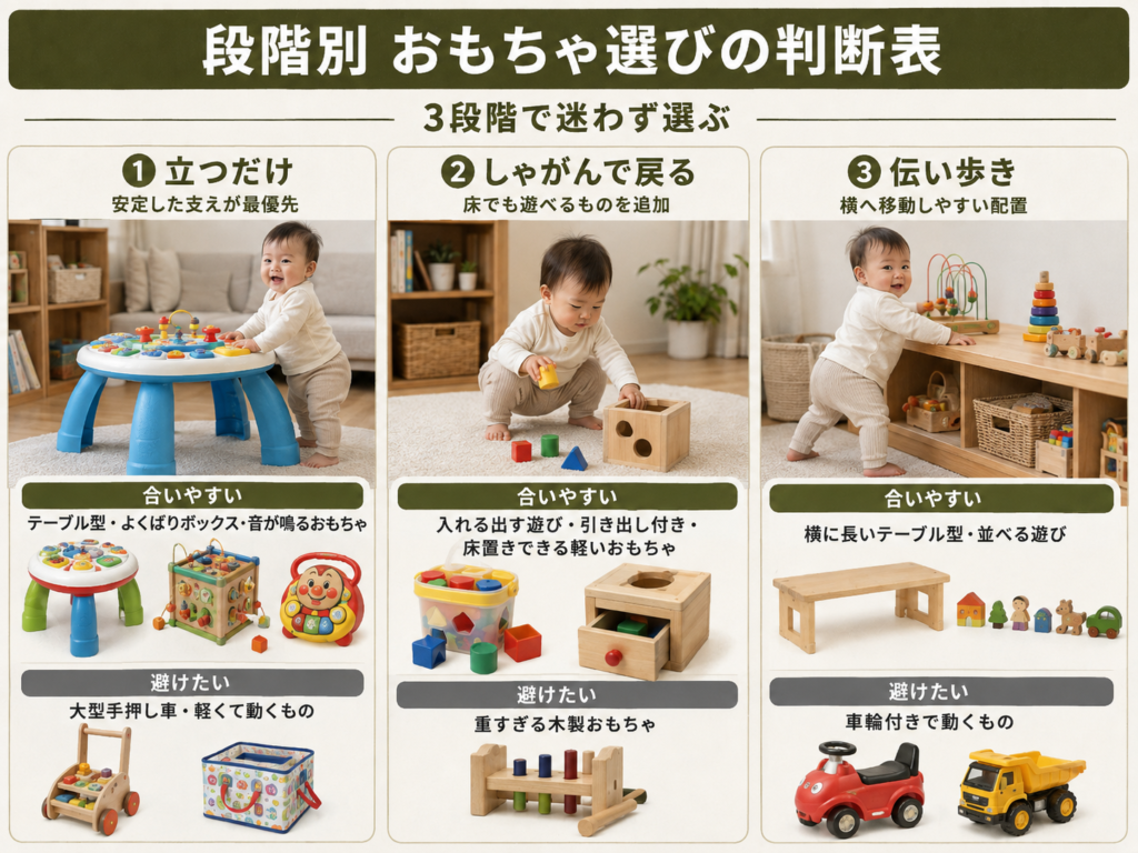 段階別おもちゃ選びの判断表を視覚化したイラスト（立つ・しゃがむ・伝い歩きの3段階と対応するおもちゃタイプ）