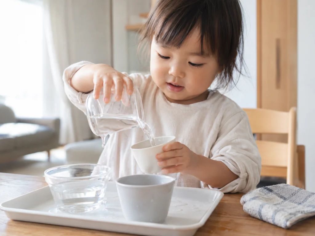 水やコップを使った感覚遊びをする子どもの様子（日常動作が遊びになる場面）