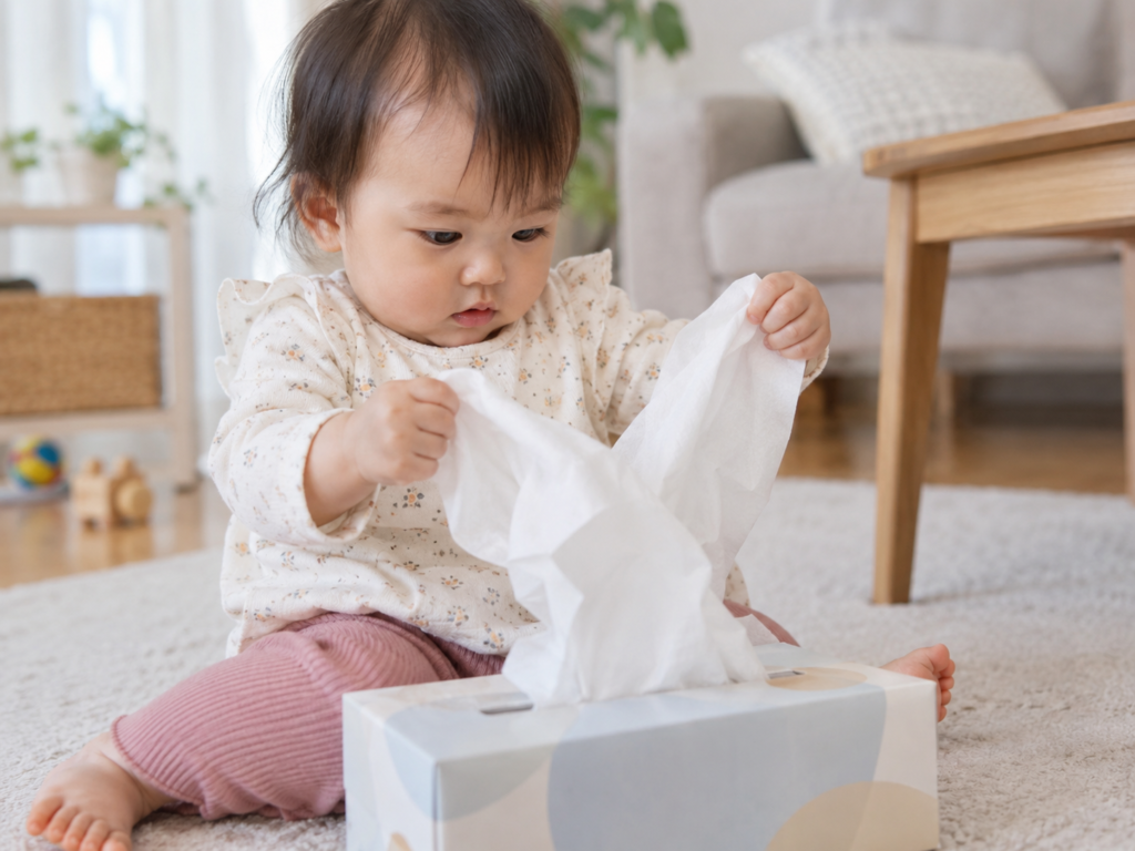 赤ちゃんがティッシュを両手でつまんで引き出している様子