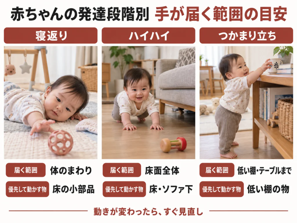 赤ちゃんの発達段階（寝返り・ハイハイ・つかまり立ち）ごとに手が届く範囲を示した図
