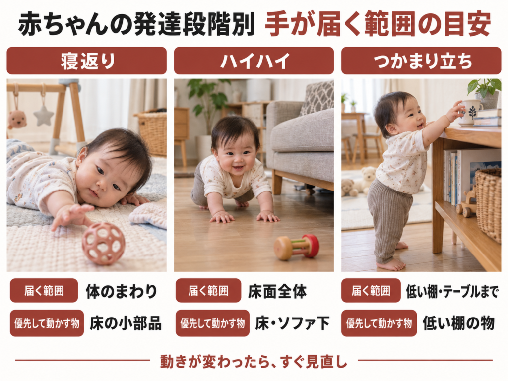 赤ちゃんの発達段階（寝返り・ハイハイ・つかまり立ち）ごとに手が届く範囲を示した図