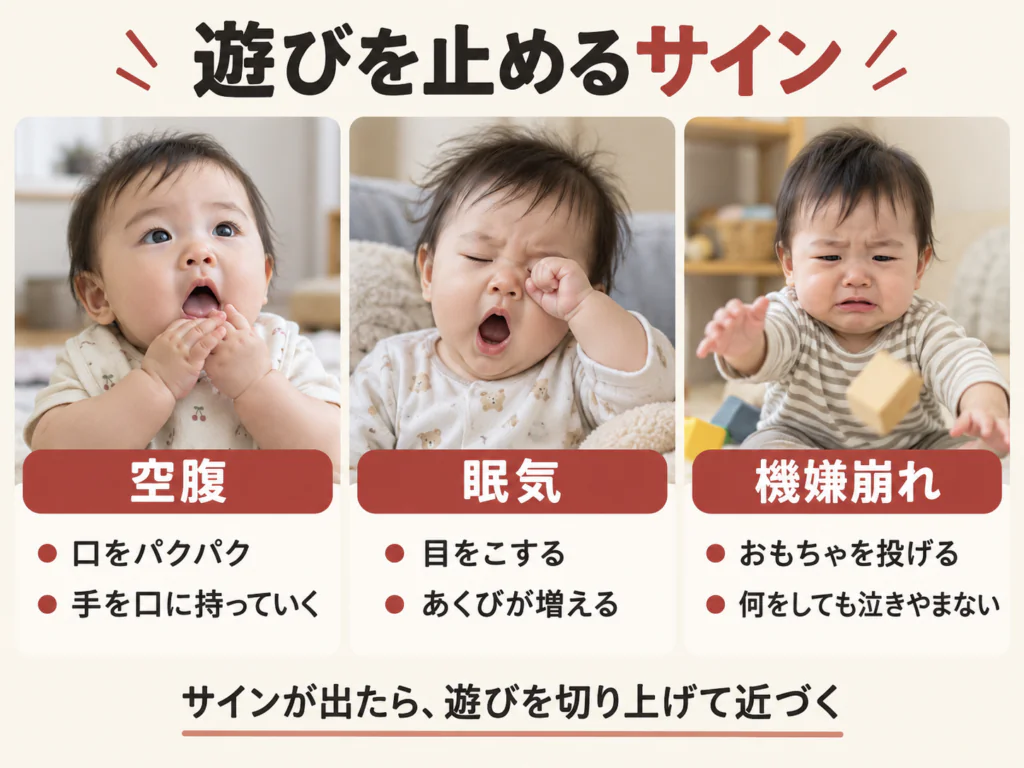 赤ちゃんの空腹・眠気・機嫌崩れのサインを示したイラスト