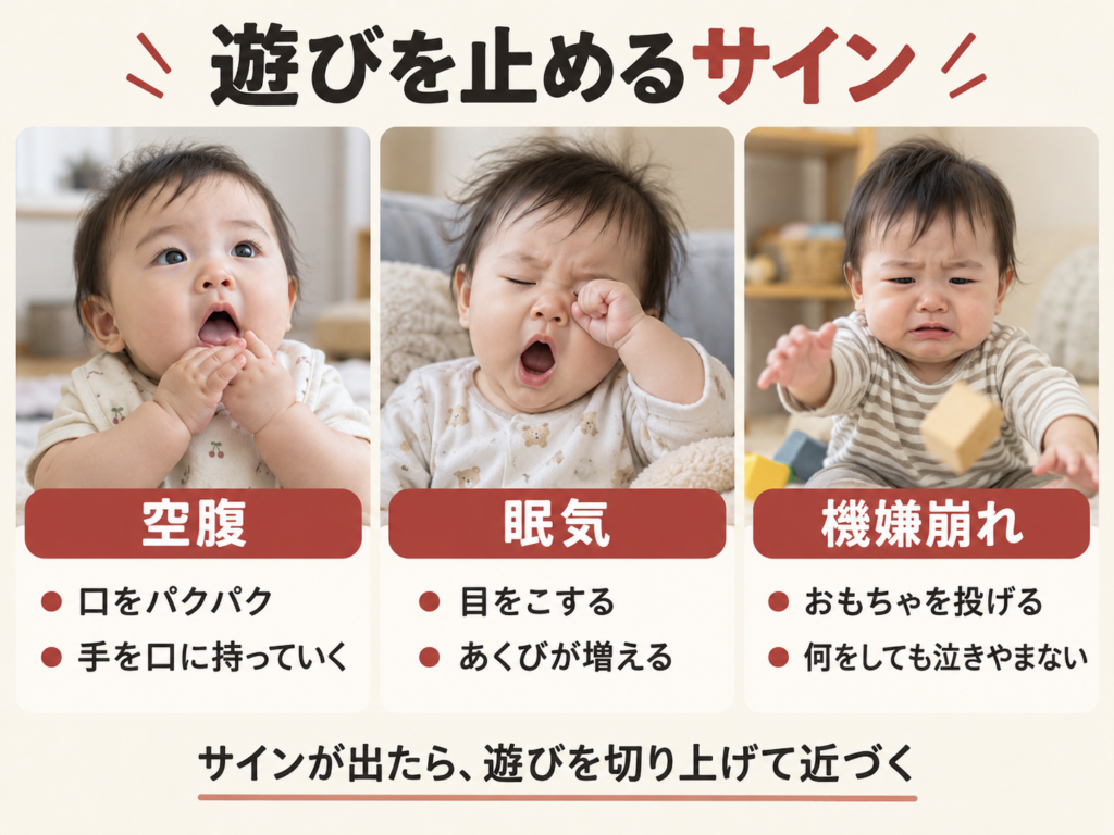 赤ちゃんの空腹・眠気・機嫌崩れのサインを示したイラスト
