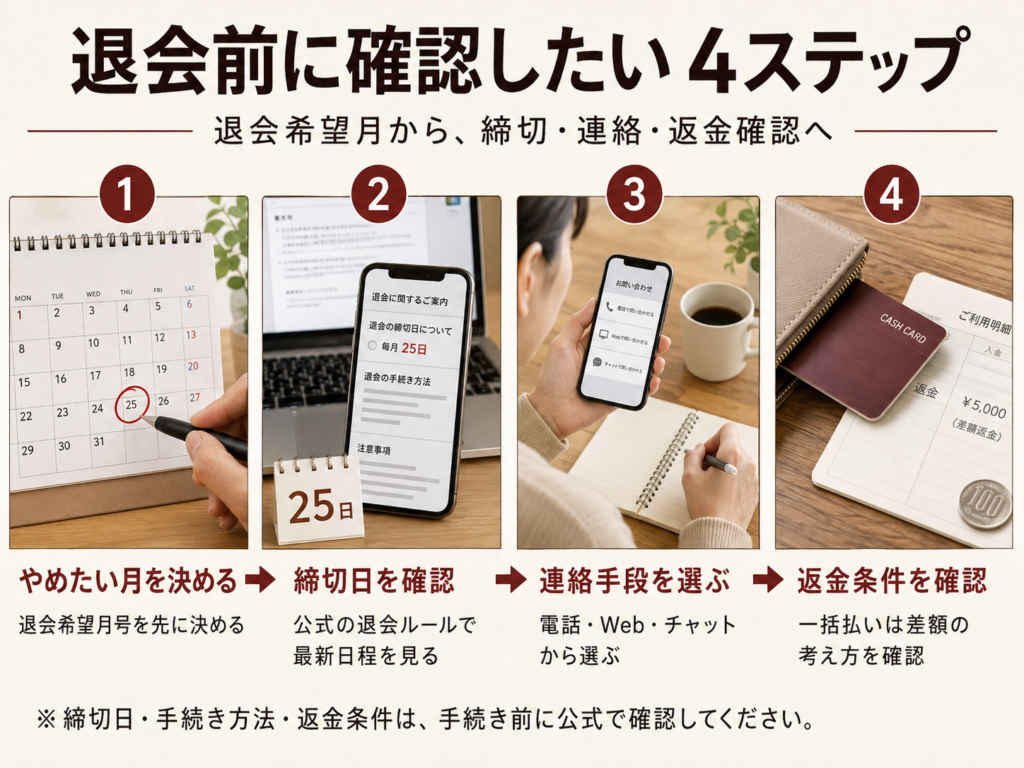 退会希望月から締切・連絡・返金確認へ進む4ステップの手順図