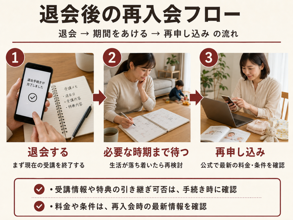 退会後の再入会フローを示すシンプルな図（退会→期間→再申し込み）